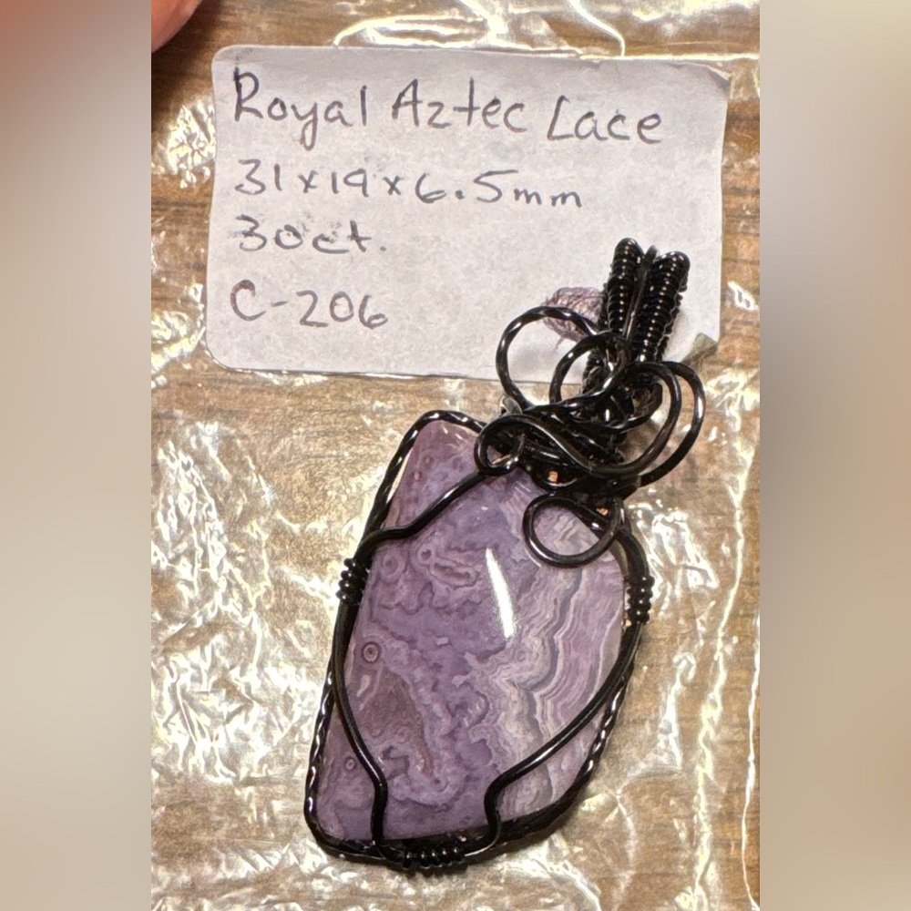 Beautiful Purple Royal Lace Agate Pendant with Black Wrap (jewelers grade wire)